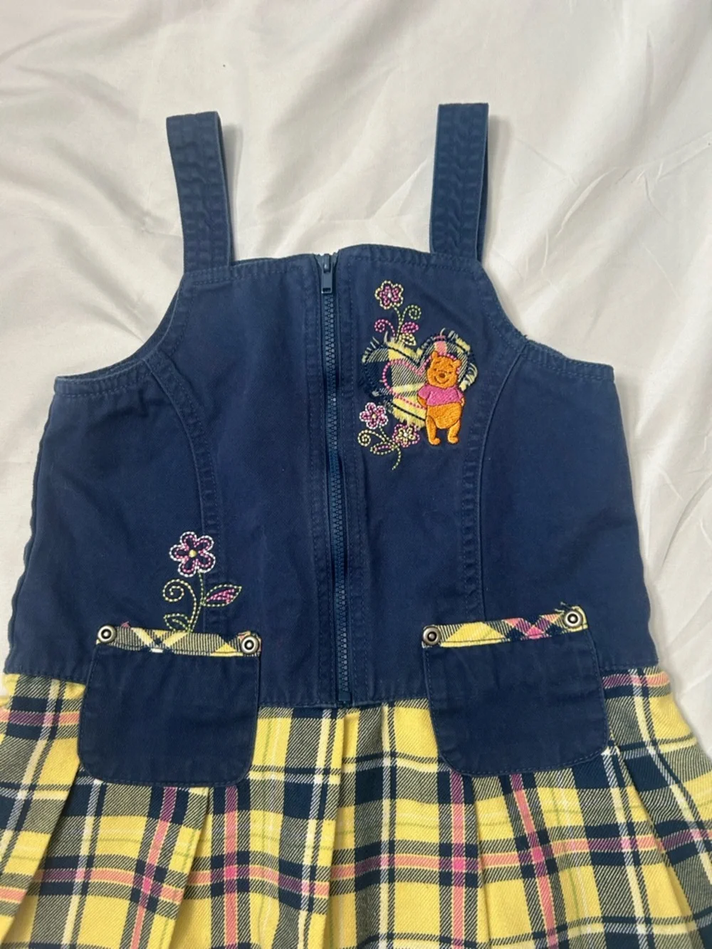 90’s  Y2K Winnie the Pooh Peplum Dress Jumper Yellow Navy Embroidered Plaid 3T